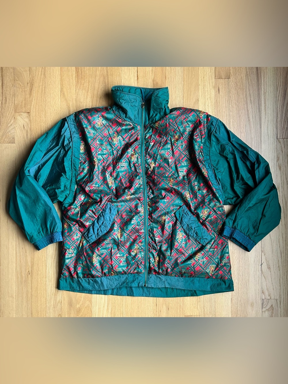 Vintage Lavon Green Red & Gold Musical Horn Nylon Cotton Windbreaker Jacket XL